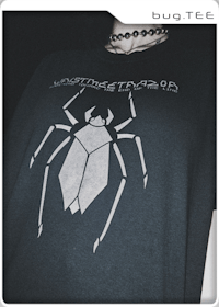 a woman wearing a black t - shirt with a white spider on it