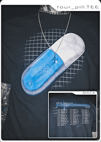 a t - shirt with a blue pill on it