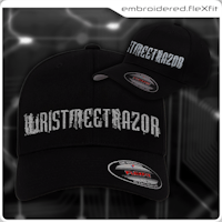 a black hat with the word'wriststrazer'embroidered on it